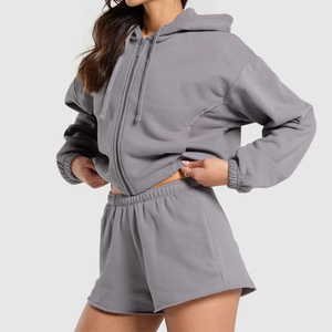 Women's Gray Fleece Hooded <b>Zip</b>-<b>Up</b> Crop <b>Top</b> with Matching Shorts Set Casual Regular Fit Winter Sportswear Waterproof & Breathable - Product Image 1