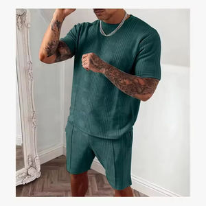 Ensemble chemise et short en tricot gris pour homme, respirant, décontracté, tenue d'été, couleur unie, polyester, ensemble 2 pièces, 220g - Product Image 3
