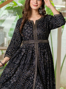 <b>Women</b> Cotton Black Digital Printed Quick Dry <b>Kurta</b> Pant Set Regular Fit Knee-Length Traditional Style Casual Wear India Pakistan - Product Image 5