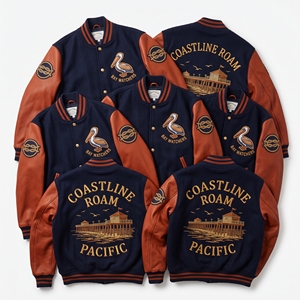 Chaqueta Letterman al por mayor, azul marino, de lana, estilo universitario, con bordado de navegación global, <span class=keywords><strong>vuelo</strong></span> cósmico, <span class=keywords><strong>cometa</strong></span> y galaxia, y detalles en cuero crema. - Product Image 6