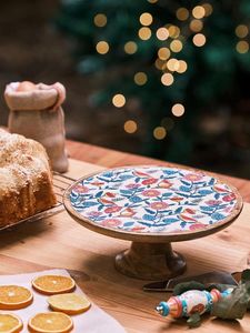 Handmade Eco-Friendly Wooden Cake Platter Round Floral Pattern Serving <b>Tray</b> Dessert Display Hand Wash Only 1 Piece - Product Image 1