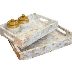 Handcrafted White Mother Of Pearl Serving Tray With Gold Leaf <b>Handles</b> Multipurpose Decorative <b>MOP</b> Tray For Home & Dining Table - Product Image 5
