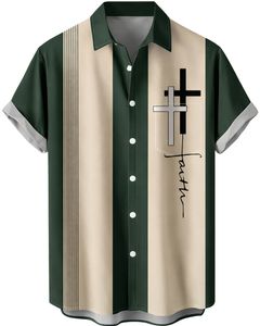 Camisa de Manga Corta con Botones y Estampado de Cruz Verde Oscuro y Beige, Estilo Casual de Verano para Hombre, Fabricante OEM, Suministro al por Mayor - Product Image 1