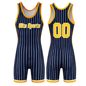 Men Navy Blue Striped Sublimated Wrestling Singlet Polyester <b>Athletic</b> Sports Uniform Wrestling Training Match Competition - Product Image 1