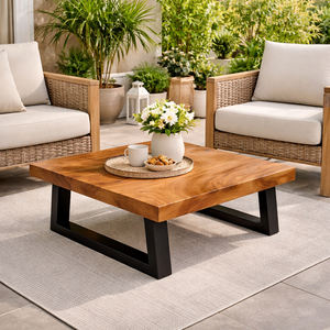 Mesa de Centro Moderna Minimalista Niwara Bisoepo, Duradera, de Calidad Premium, con Superficie de Madera Suar de Borde Recto y Base Metálica Resistente - Product Image 4