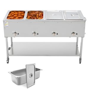 Tavolo a vapore professionale a 4 vasche in acciaio inossidabile con scaldaspezie per esterni a gas GPL e valvola di scarico, ruote da 3 pollici - Product Image 1