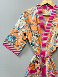 Women's Bohemian Style Luxury Cotton <b>Bath</b> Robe Floral Printed Handmade <b>Light</b> Weight Kimono Casual Front Logo Full Length Summer - Product Image 4