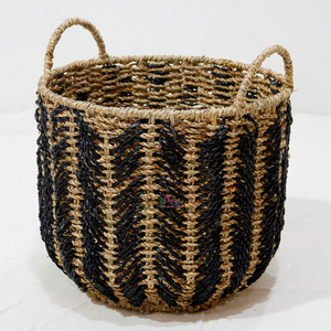 All-Natural Handmade <b>Wicker</b> Seagrass Round <b>Baskets</b> <b>With</b> <b>Handles</b> & Black Stripes for Eco-Friendly Home Decor - Product Image 2