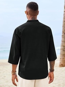 <b>Men's</b> Black <b>Henley</b> <b>Shirt</b> Solid Color Button Down Casual Style Woven Fabric Long Sleeve Top - Product Image 6