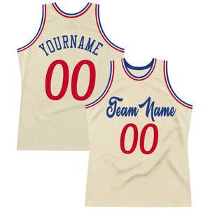 Custom Cream Basketball Jersey With Blue Team Name And Red Number Sublimated Print Unisex Adult <b>Mesh</b> Tank <b>Top</b> Basketball Jersey - Product Image 3