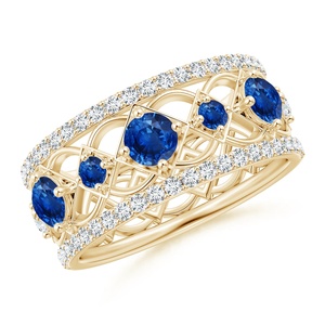 14K Solid Gold Art Deco Inspired Graduated Natural <b>Blue</b> Sapphire Gemstone and Diamond <b>Ring</b> Luxury Fine Jewelry Wedding Band <b>Ring</b> - Product Image 1