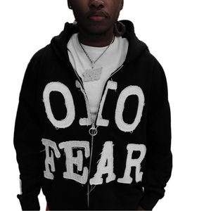 Sudadera con Capucha Negra para Hombre OLO FEAR, Estilo Urbano, Tejido de Algodón, Corte Holgado, Estampado Frontal con Letras, Ecológica - Product Image 1