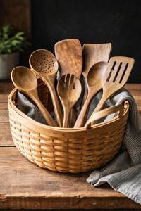 Ensemble d'ustensiles de cuisine en bois de teck, 9 pièces, avec support, outils de cuisine - Product Image 3