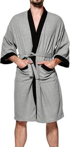 Peignoir en tissu éponge gris pour homme avec bordure noire, manches courtes, robe en coton doux avec poches, vêtement décontracté - Product Image 3