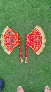 Red Velvet Pakhi Hand Fan, Punjabi Wedding Decor, Embroidered Pankhi Fan, Indian Wedding Fan, Mehndi Dholki Decor, Jaggo Favor - Product Image 5