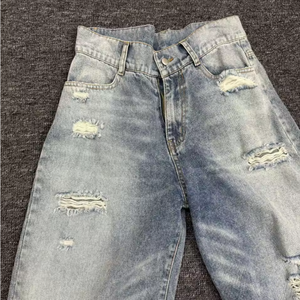 Jean droit vintage en coton pour homme, logo personnalisé, denim en coton 12oz 14oz, coupe droite déchirée, jambes larges, taille mi-haute - Product Image 2