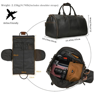 Sac à vêtements en cuir avec poignée, fermeture éclair, style fourre-tout, doublure en polyester marron, capacité 20L, pour voyage d'affaires - Product Image 2