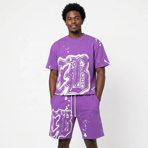 Purple Cotton Streetwear Set <b>T</b>-<b>Shirt</b> and Shorts with <b>White</b> Logo Print for Adults Unisex Summer Casual Wear - Product Image 3