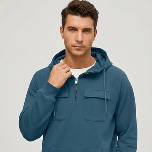 Sweat à capuche tendance pour homme, demi-zip, avec poche avant, en mélange de coton, doublure polaire, décontracté, hiver, cordon de serrage réglable, écologique, ODM - Product Image 1