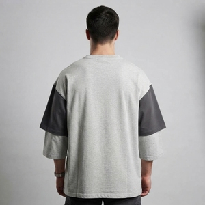 <b>Men's</b> Color Block Oversized T Shirt Crew <b>Neck</b> Layered Long Sleeve Casual Streetwear Cotton <b>Tshirt</b> Relaxed Fit - Product Image 2