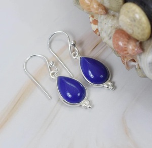 Boucles d'oreilles pendantes en argent sterling 925 faites à la main avec lapis-lazuli en forme de poire, bijoux fins bohèmes pour femmes - Product Image 3
