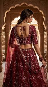 Lehenga Choli en soie brodée de fleurs rouges, sans plis, avec dupatta, tenue traditionnelle indienne pour mariage, Diwali, fête, pour femmes - Product Image 3