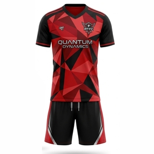 Conjunto de Camiseta de Fútbol Geométrica Roja y Negra para Hombre, Sublimada, Cuello en V, Manga Corta, Absorbe la Humedad, Ajuste Atlético, Uniformes para Adultos - Product Image 1