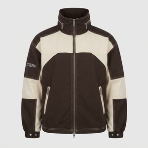 <b>Men</b> Brown <b>Cream</b> Color Block Windbreaker <b>Jacket</b> Stand Collar Full Zip Lightweight Outdoor Casual Sports <b>Jacket</b> - Product Image 1
