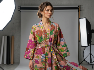 Kimono Women Floral Print Cotton Robe Soft <b>Waffle</b> Texture Long Sleeve Knee Length High Rise Drawstring Closure Bathrobe - Product Image 5