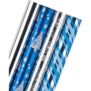 Set di 4 Rotoli di Carta da Regalo Natalizia Jumbo 30 Pollici Blu Argento con Motivo a Fiocchi di Neve e Strisce Metalliche Lucide - Product Image 1