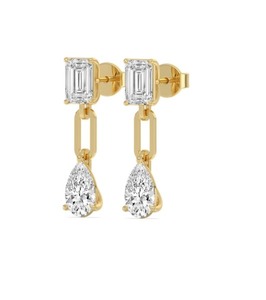 Modernist 3.33 ctw Emerald & Pear Cut Lab Grown Diamond Paperclip Link Earrings 18K Yellow Gold - Product Image 1