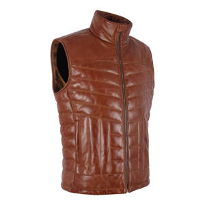 <b>Men's</b> Brown PU <b>Leather</b> Stand Collar Padded <b>Vest</b> With Zipper Closure Windproof Casual Winter Outerwear - Product Image 3