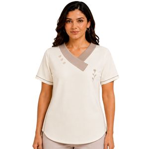 T-shirt asymétrique à col en V pour femme, manches courtes, broderie florale, col contrastant, décontracté, vêtements personnalisés en gros - Product Image 1
