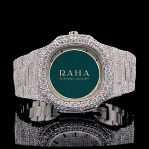 Montre de luxe RAHA en quartz avec boîtier en moissanite 41 mm, cadran en cristal, bracelet en acier inoxydable, mouvement analogique ETA, résistance à l'eau 5 ATM - Product Image 1