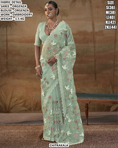 Chemisier de sari en organza bleu clair brodé, infroissable et anti-humidité, pour femme, idéal pour les mariages - Product Image 2