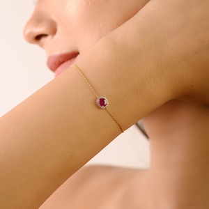 Bracelet minimaliste en or jaune 14 carats avec halo de pierres uniques en rubis véritable et diamant, pierre de naissance de juillet, cadeau d'anniversaire, bijoux à prix avantageux - Product Image 2
