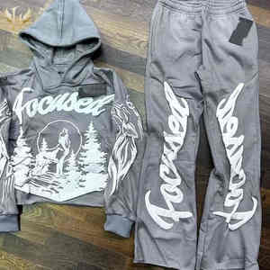 Poids lourd hommes 3D pour bouffée impression coton français éponge pantalons de survêtement à capuche survêtement ensemble ourlet brut coupe couture solide pour - Product Image 2