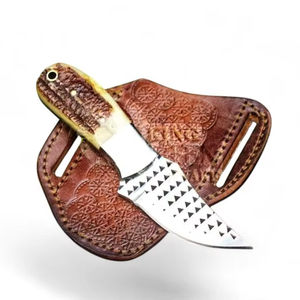 Couteau de camping EDC de qualité industrielle, personnalisable OEM, avec lame de coupe de cuir et manche en bois de cerf, fourni directement par l'usine, avec étui en cuir - Product Image 1