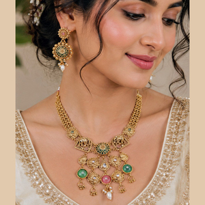 Ensemble collier et boucles d'oreilles pour femme JeweleMarket, plaqué or, avec cristaux et strass, style ethnique, pour mariage, fiançailles, anniversaire, cadeau, Maharashtra - Product Image 1