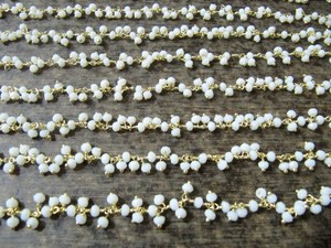 White Chalcedony rondelle faceted 3-4mm size Beaded <b>Wire</b> Wrapped dangling cluster thick Chain - Product Image 3