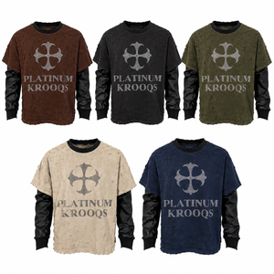 Custom Distressed Olive Green Rhinestone Cross Oversized Graphic Tee Two Piece Long Leather Sleeves Vintage Washed <b>Y2K</b> Heavy - Product Image 6