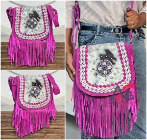 Bolsos cruzados de cuero genuino estilo bohemio para mujer, bolsos de hombro de moda con flecos de diseñador y cuentas de concha de piel de vaca auténtica - Product Image 1