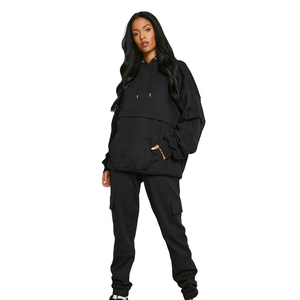 Ensemble deux pièces personnalisable pour femme, grande taille, en polaire à capuche, style streetwear sportif, respirant, antibactérien, 100 % coton, hiver, couleur unie - Product Image 1