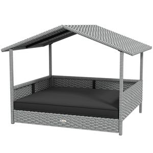Cuccia per Cani in Rattan Grigio Resistente all'Acqua con Cuscino, Letto a Baldacchino in Vimini, Arredamento da Esterno per Animali Domestici - Product Image 1