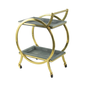 Chariot de bar moderne de luxe plaqué or à double niveau avec plateaux blancs, design rond, pour le rangement des boissons dans le salon - Product Image 4