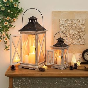 Farol de Madera Cuadrado Rústico Hecho a Mano con Acabado Marrón de Madera Quemada para Decoración del Hogar, Bodas y Patios - Product Image 5