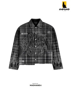 Custom <b>Rhinestone</b> Plaid Flannel Shirt | Distressed Blue Streetwear <b>Jacket</b> | OEM Luxury Western Style Apparel Manufacturer - Product Image 2