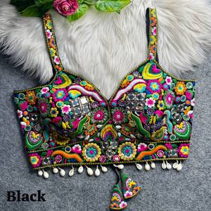 Chemisier en Soie Organza Noir Brodé Paisley pour Femme, Style Bohème, Bretelles Fines, Motif Floral, Fait Main, Pompons, Idéal Soirée Printemps Été Automne - Product Image 2