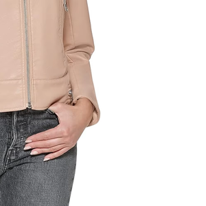 Chaqueta de moto de piel sintética beige para mujer, con cuello alto, hebilla y cremallera, estilo biker, corta, para otoño - Product Image 4