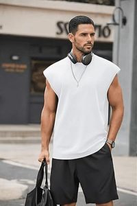 Camiseta sin Mangas Blanca para Hombre, Cuello Redondo, Informal, Tejida, de Color Sólido, 100% Algodón - Product Image 3